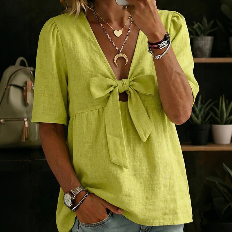 Cardydony Women's Vintage Bow Design Cotton Linen Shirt