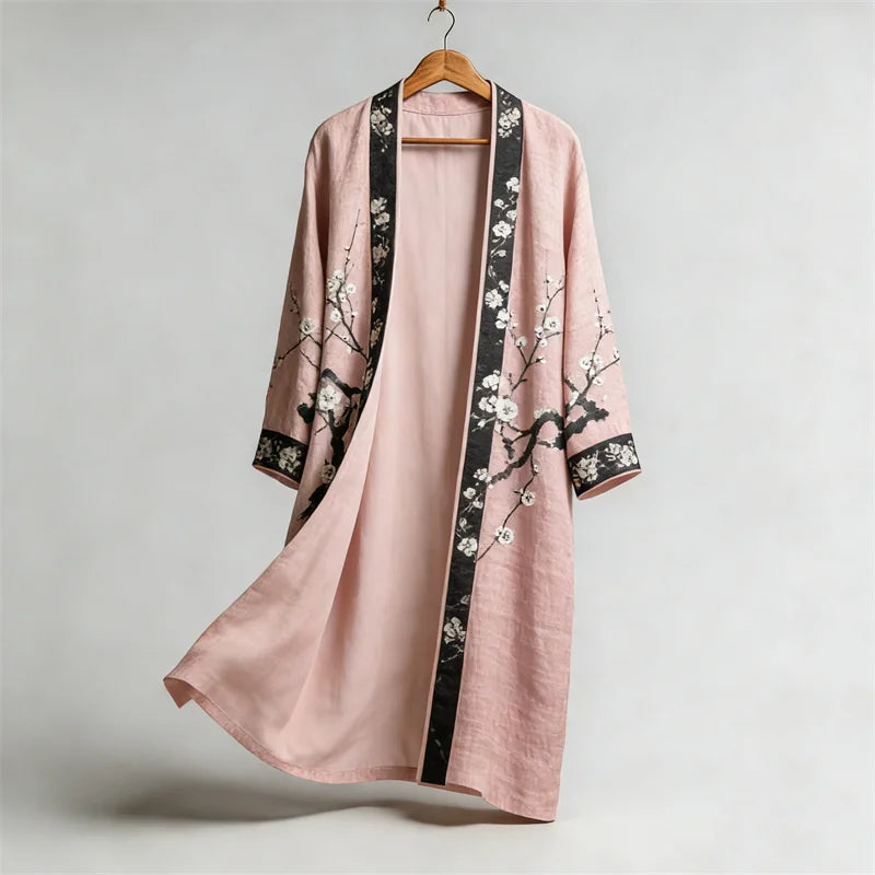 Cardydony Japanese Plum Blossom Art Flowy Long Linen Kimono