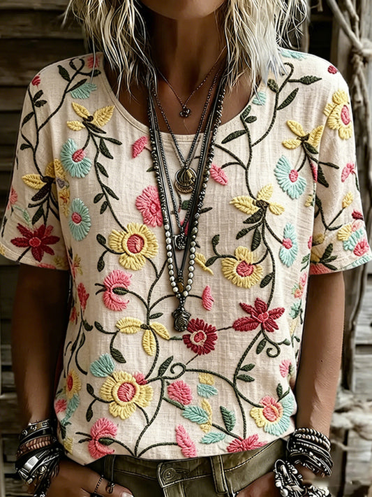 Cardydony Women's Vintage Floral Design Linen Casual T-shirt