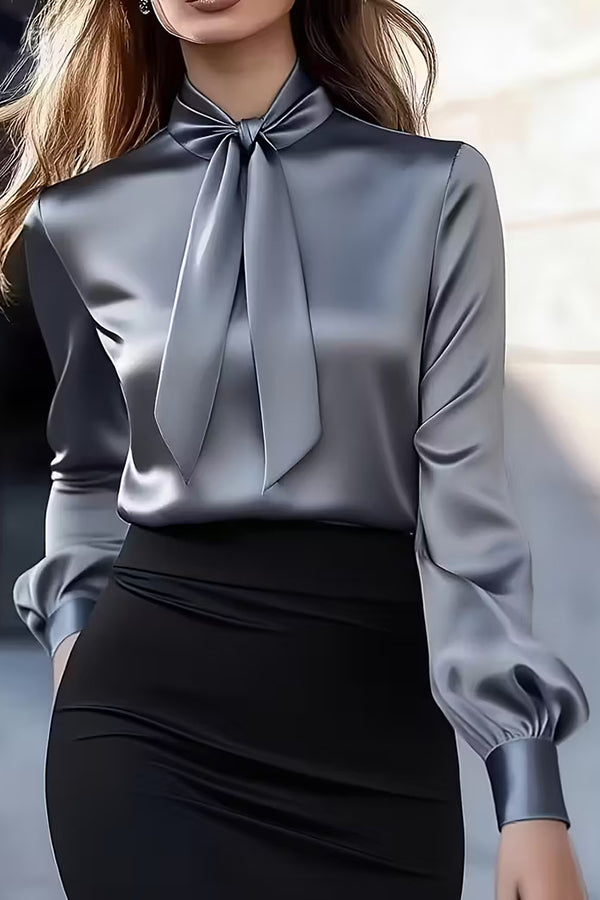 Cardydony Women's Solid Color Satin Long-sleeved Casual Tie-front Shirt
