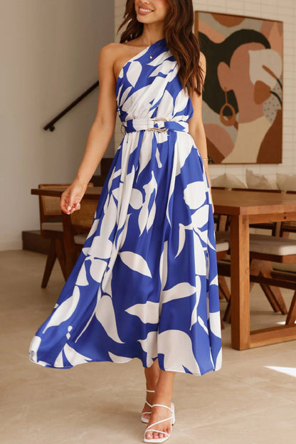 Cardydony Women's Unique Printed One-Shoulder Belt Casual Holiday Maxi Dress