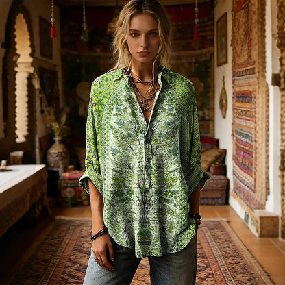 Cardydony Women's Retro Ethnic Floral Pattern Art Print Casual Long-sleeved Shirt