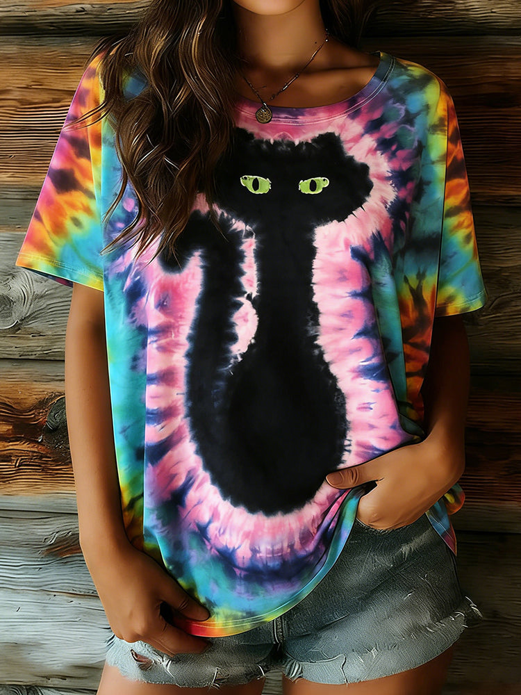 Cardydony Women's Hippie Abstract Cat Tie-dye Pattern Casual T-shirt