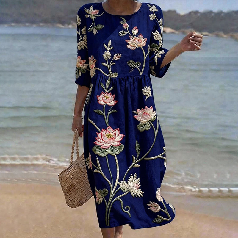 Cardydony Vintage Lotus Art Pattern Linen Blend Loose Three-quarter Sleeve Dress