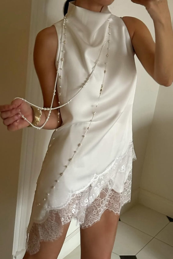 Cardydony Women's Solid Color Satin Spliced lace Sleeveless Irregular Casual Top