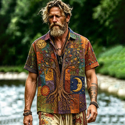 Cardydony Men's Vintage Hippie Patchwork Tree Of Life Sun Moon Art Print Short Sleeve Shirt