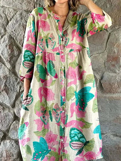 Cardydony Women's Elegant Vintage Floral Print Shirt Style Cotton And Linen Dress