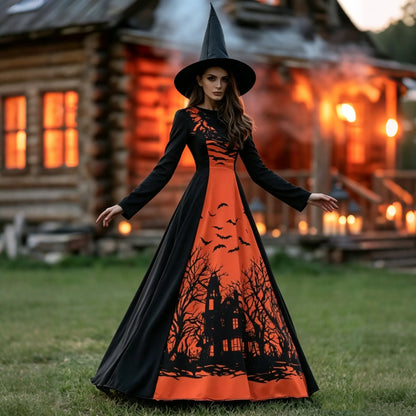 Cardydony Women's Vintage Halloween Art Print Crew Neck Long Sleeve Maxi Dress