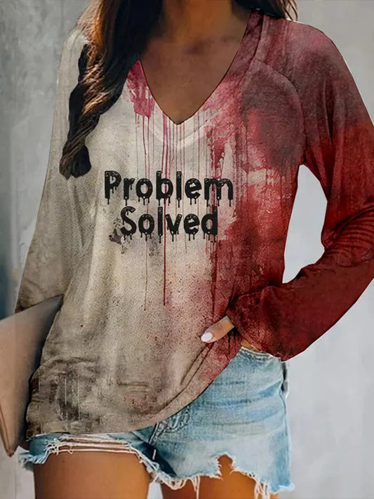 Cardydony Women's Bloody Problem Solved Halloween Print V-Neck T-Shirt