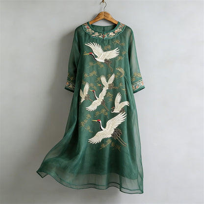 Cardydony Japanese Cranes & Pine Trees Flowy Linen Maxi Dress