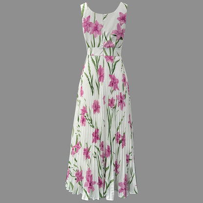 Cardydony Pleated Slim Fit Floral Print Slip Dress