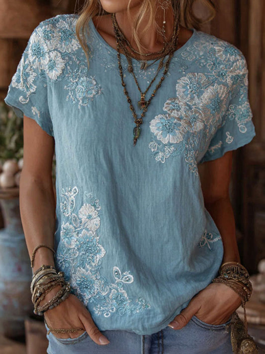 Cardydony Women's Floral Embroidery Cotton Linen Casual Round Neck T-shirt
