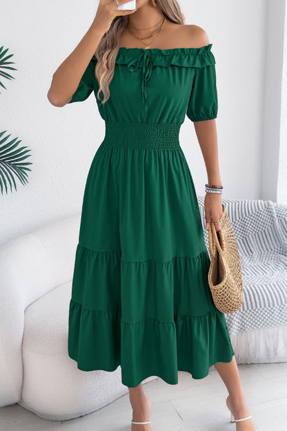 Cardydony Women's Stylish Off-shoulder Short-sleeved Pleated Waist Casual Midi Dress
