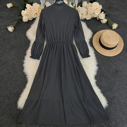 Cardydony Vintage Elegant Bell Sleeves Pleated Linen Maxi Dress