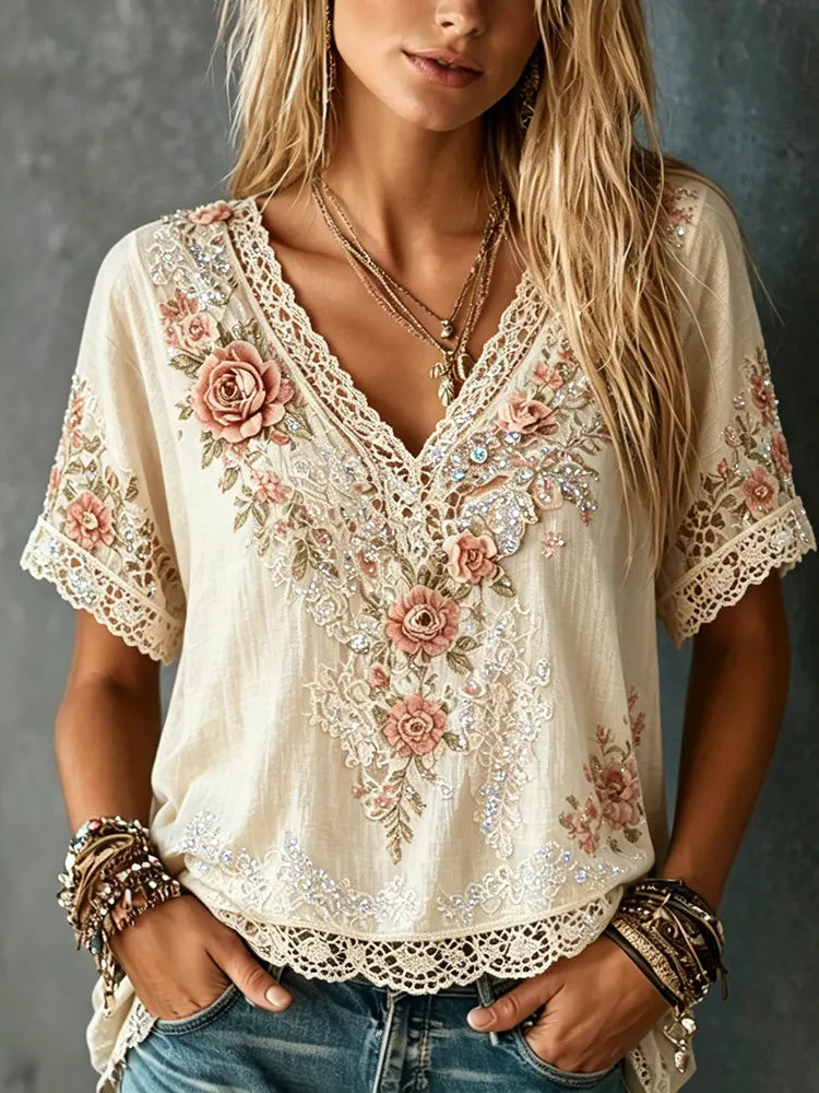 Cardydony Women's Retro Floral Lace Design Cotton Linen V-neck T-shirt