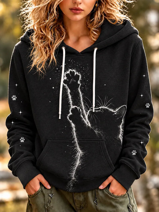 Cardydony Women's Black Reaching Cat Silhouette And Stars Drawstring Hooded Sweatshirt