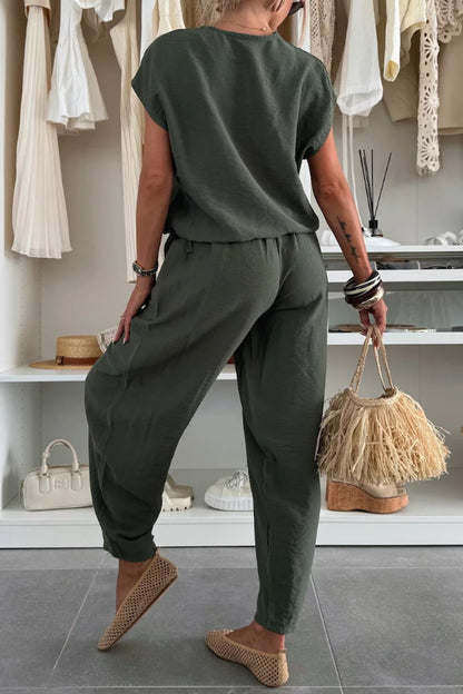 Cardydony Women's  Linen Blend Solid Color V-neck Short-sleeved Top and Elastic Waist Pocket Bloomers Pants Set