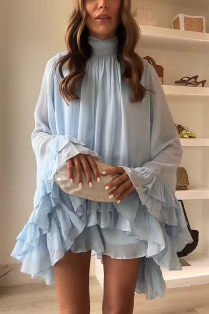 Cardydony Women's Solid Color Chiffon Trumpet Sleeve Loose Mini Dress