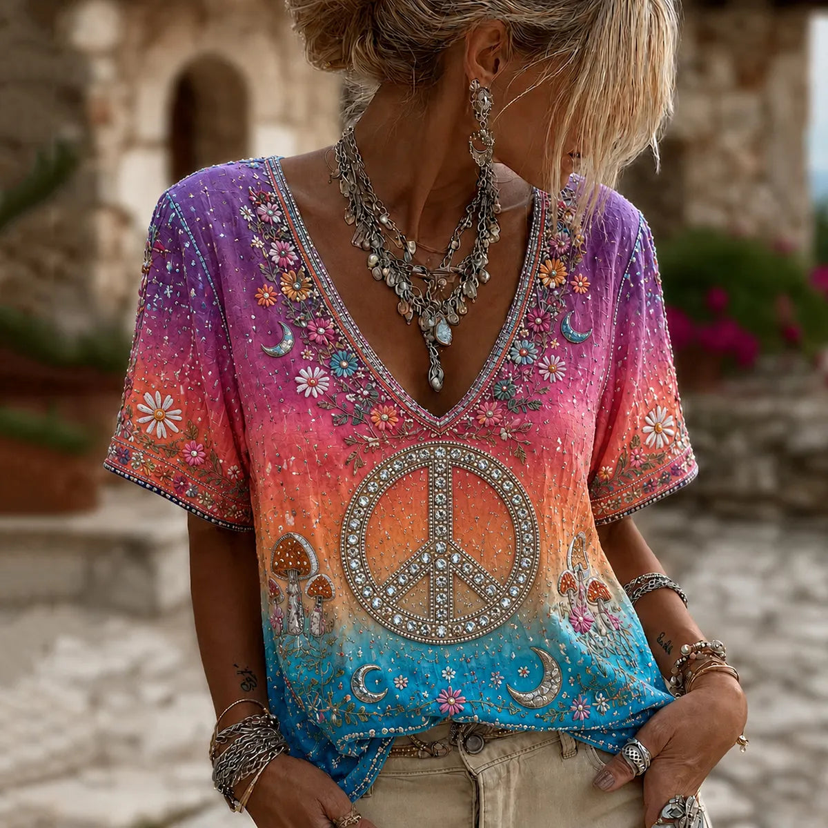 Cardydony Women's Vintage Hippie Peace Sign V Neck Blouse95% Cotton-5% Nylon