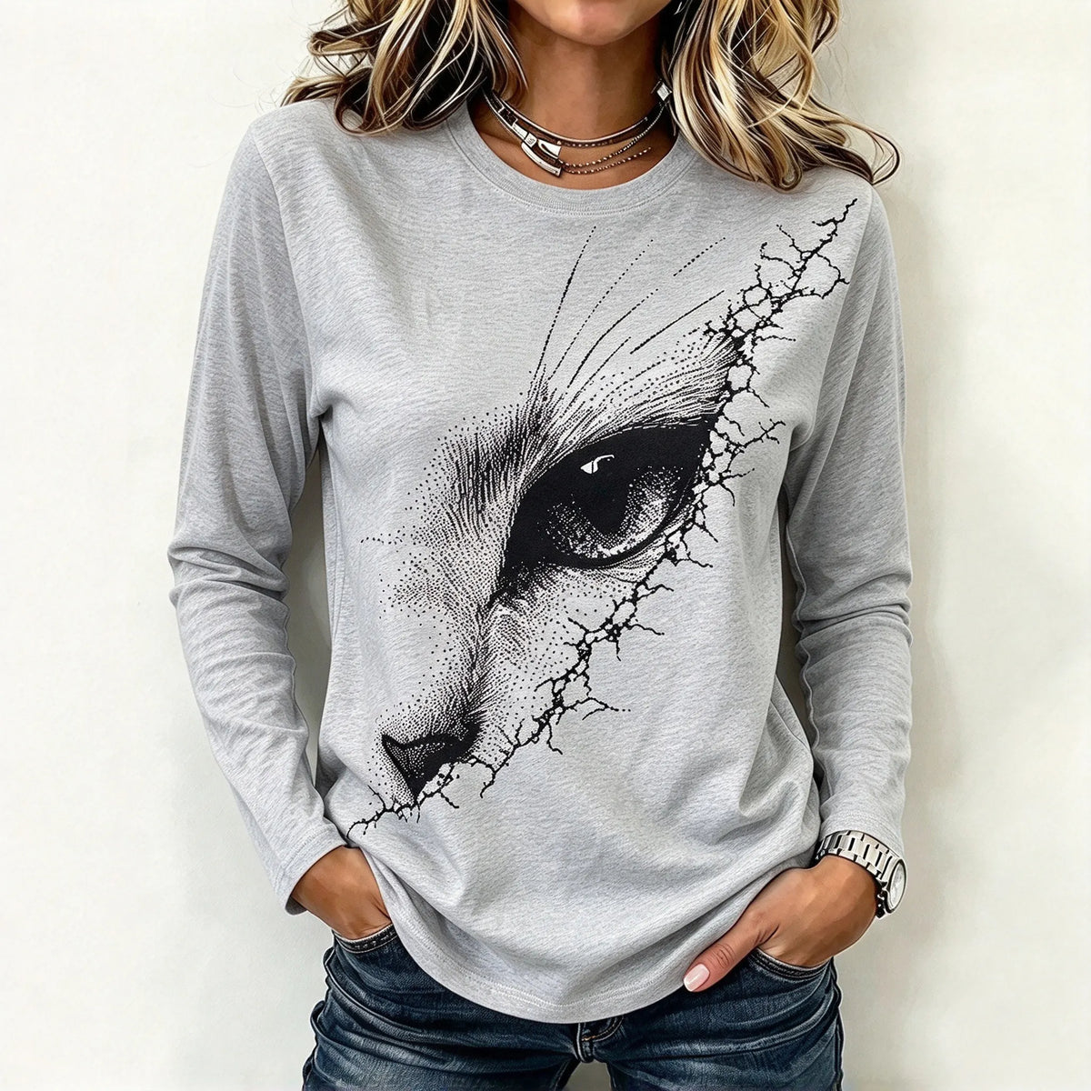 Cardydony Women's Long-sleeve Top With Cat-eye Print
