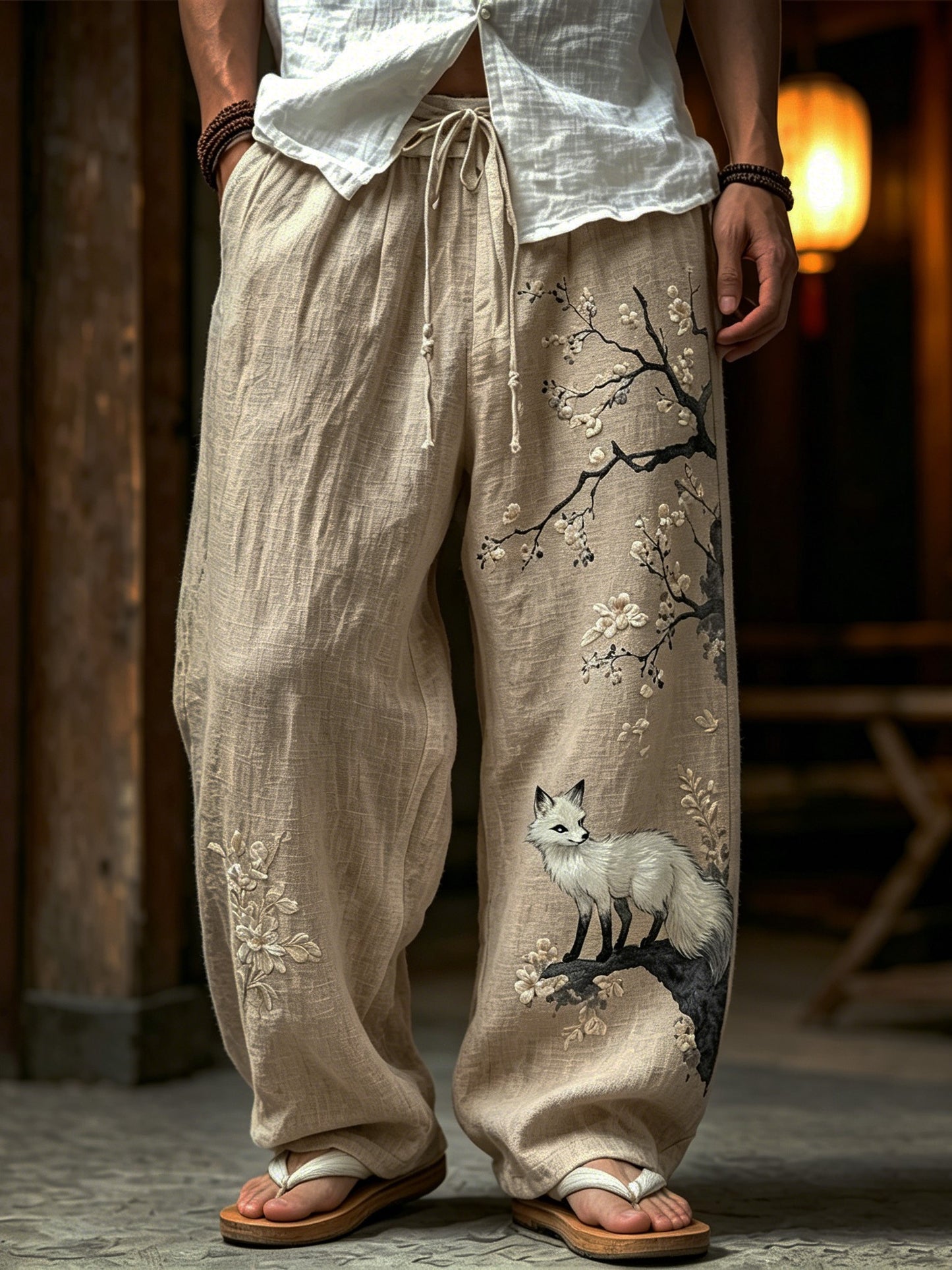 Cardydony Men's Retro Japanese Floral And Fox Print Cotton Linen Comfortable Casual Trousers