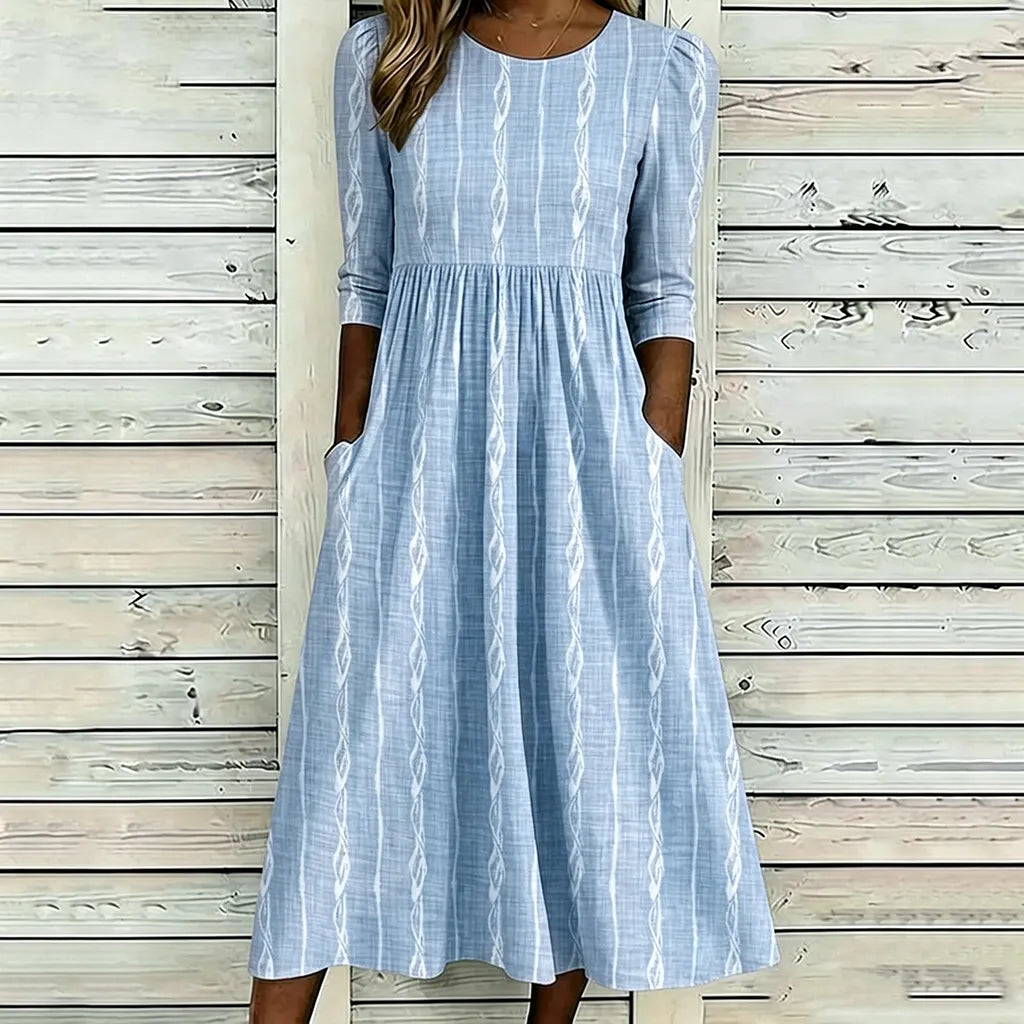 Cardydony Women's Simple Striped Art Print Casual Round Neck Dress