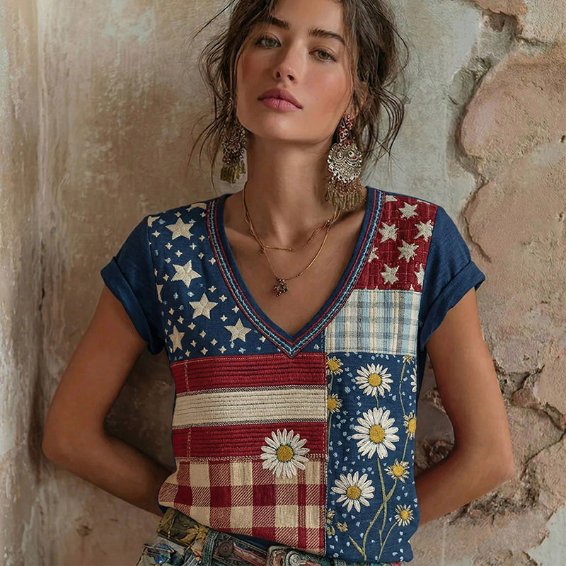 Cardydony Women's Independence Day Flag Daisy Patchwork Art Pattern V-neck Short Sleeve T-shirt