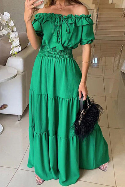 Cardydony Women's Admit Your Feelings Off Shoulder Smocked Waist Maxi Dress