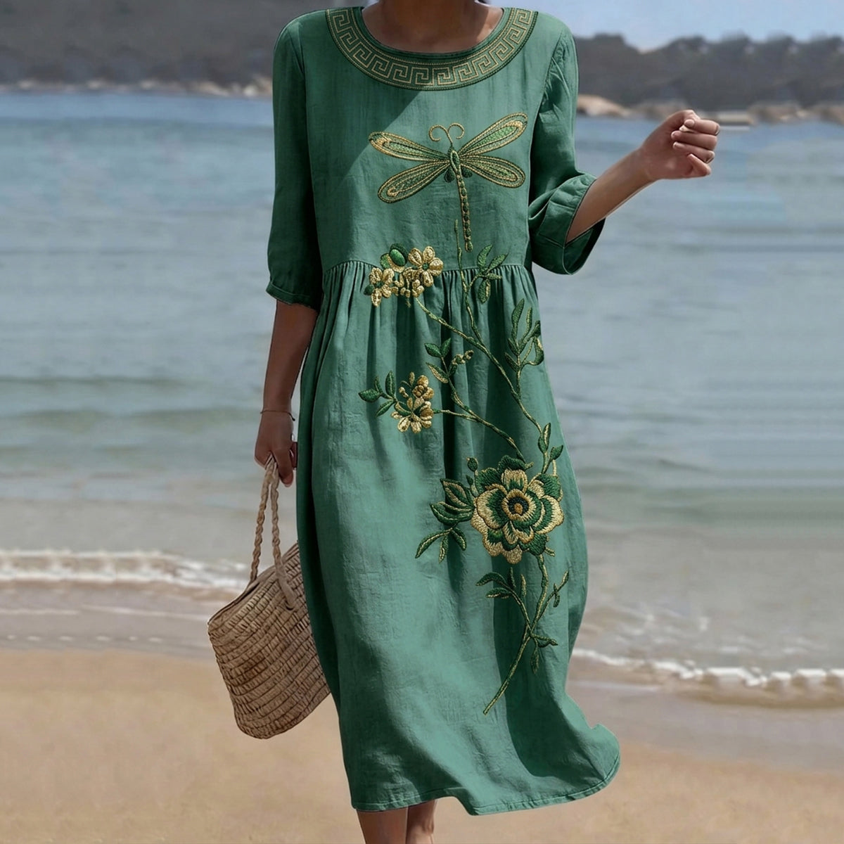 Cardydony Women's Vintage Floral And Dragonfly Art Print Casual Linen Dress