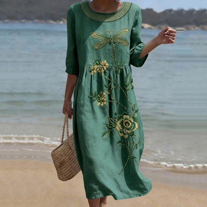 Cardydony Women's Vintage Floral And Dragonfly Art Print Casual Linen Dress
