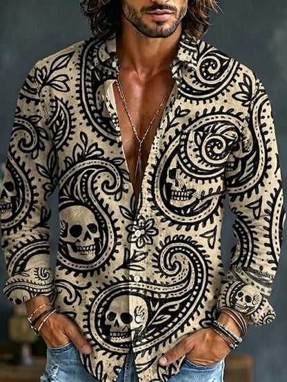 Cardydony Men's Hippie Skull Paisley Art Print Pocket Long Sleeve Shirt