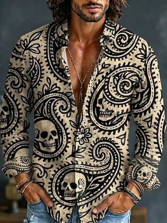 Cardydony Men's Hippie Skull Paisley Art Print Pocket Long Sleeve Shirt