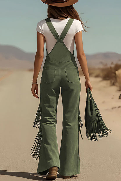 Cardydony Women's Stylish Suede Tassel Button Pocket Casual Wide-leg Overalls