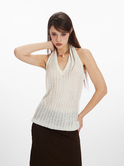 Cardydony Women's White Tank Top｜Commuter Style Knit Halter Neck Slim Fit