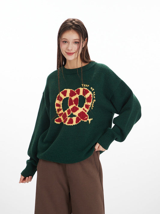 Cardydony Women's Retro Pretzel Embroidered Sweater | Oversized Pullover