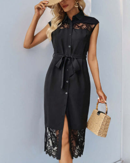 Cardydony Women's Lace Panel Shirt Dress | Elegant Button-Up Midi Dress