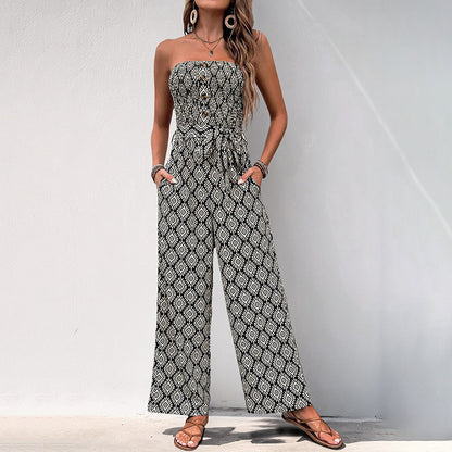 Cardydony Women's Strapless Wide-Leg Jumpsuit | Boho Smocked Summer Romper