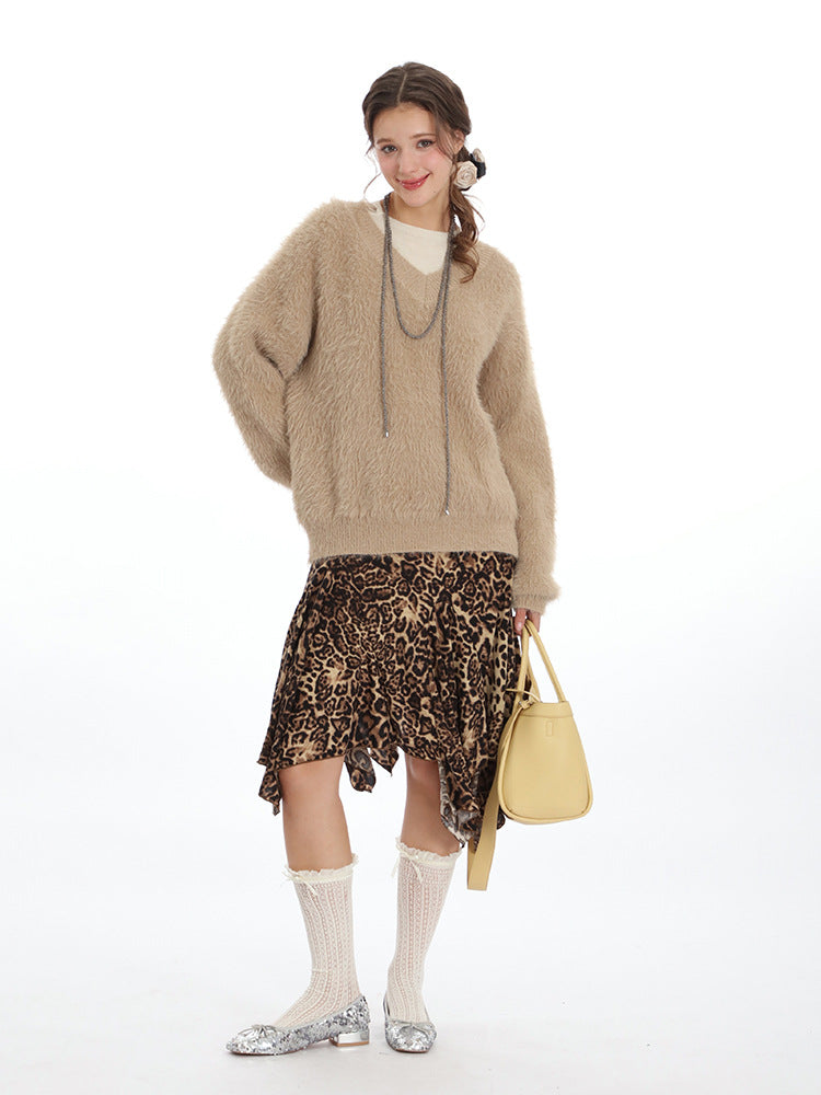 Cardydony Women's Fluffy V-Neck Sweater | Soft Fuzzy Winter Pullover