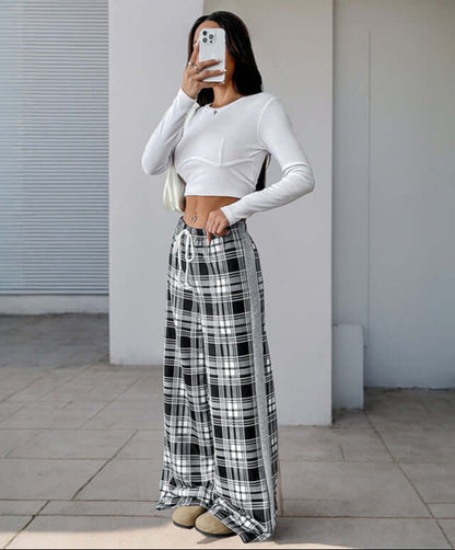 Cardydony Women's Plaid Wide-Leg Lounge Pants | Drawstring High-Waist
