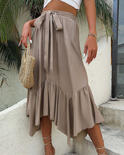 Cardydony Women's Ruffled High Waist Midi Skirt | Asymmetrical Hem Flowy Skirt
