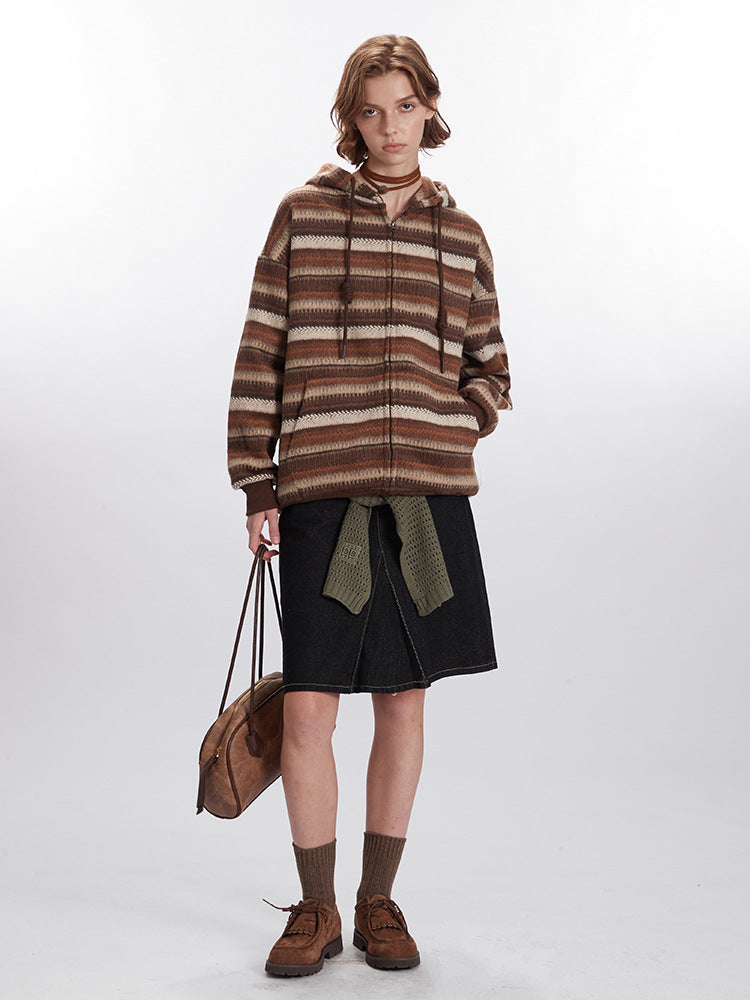 Cardydony Women's Vintage Striped Knitted Hooded Jacket
