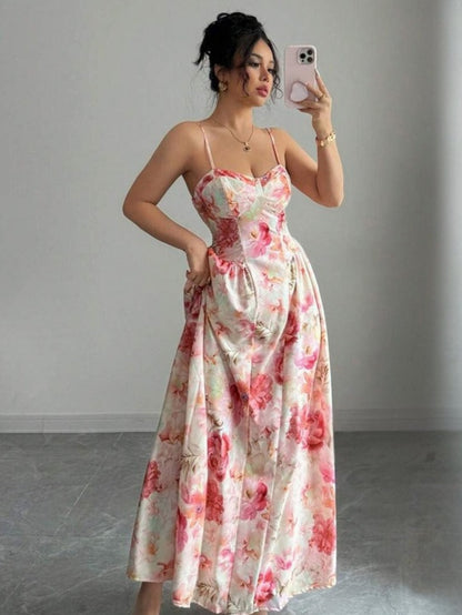 Cardydony Women's Floral Chiffon Maxi Dress for Women – Sleeveless V-Neck Corset Gown
