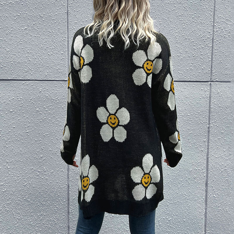 Cardydony Women's Floral Pattern Knit Cardigan with Smiley Faces