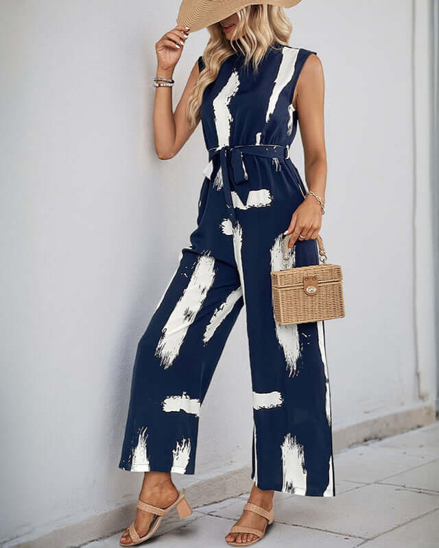 Cardydony Women's Brushstroke Print Belted Jumpsuit | Sleeveless Wide-Leg One-Piece