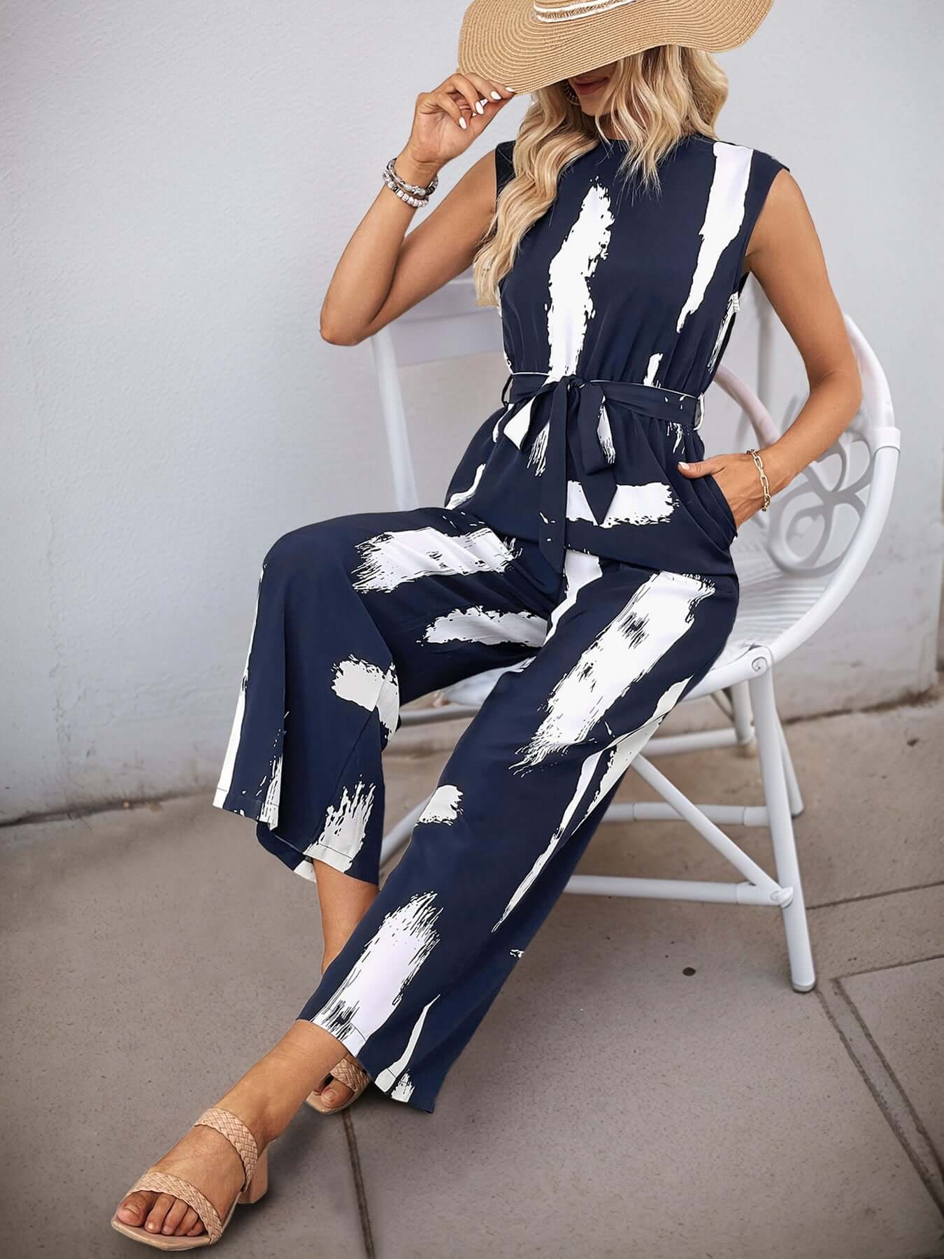 Cardydony Women's Brushstroke Print Belted Jumpsuit | Sleeveless Wide-Leg One-Piece