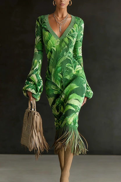 Cardydony Women's Unique Printed V-neck Long-sleeved Elegant Tassel Hem Midi Dress