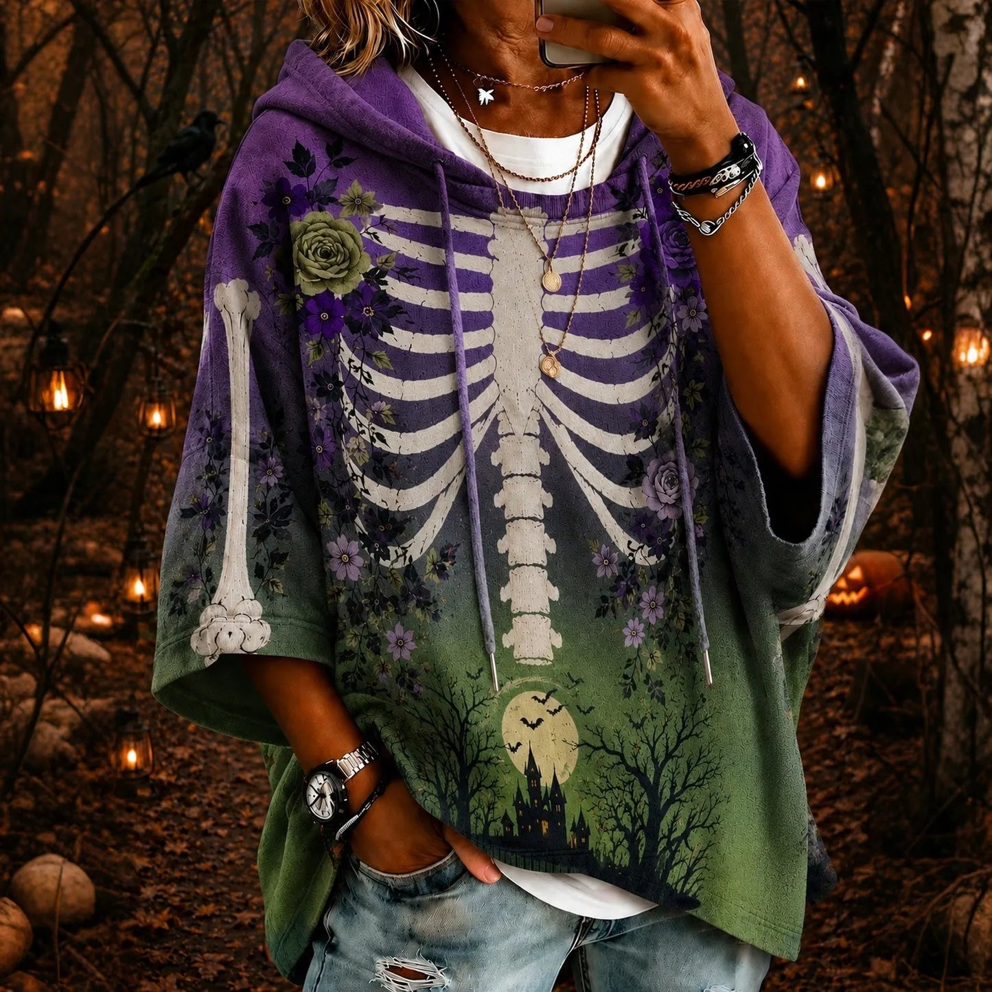 Cardydony Women's Halloween Skeleton & Rose Gradient Art Print Casual Hoodie