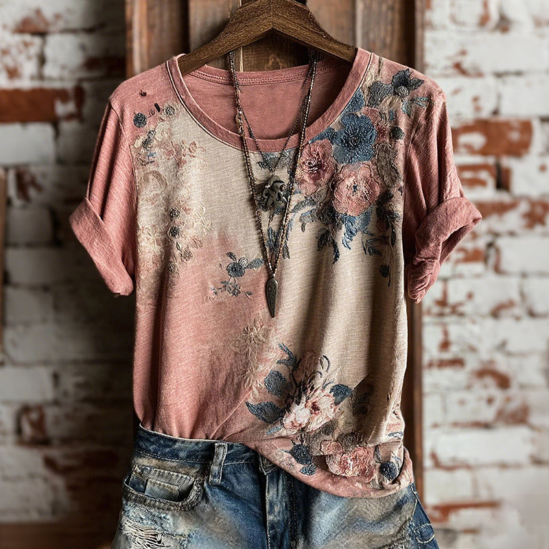 Cardydony Women's Retro Bohemian Floral Casual T-shirt