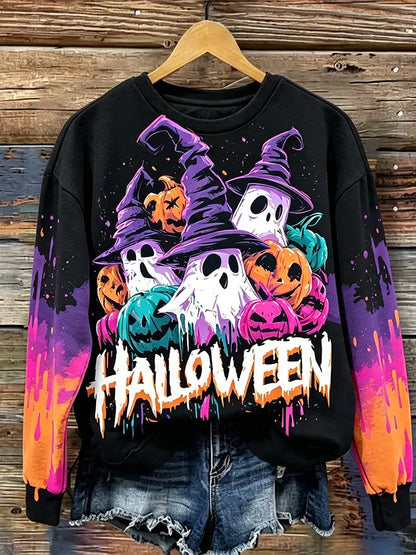 Cardydony Women's Halloween Pattern Crew Neck Sweatshirt - Ghost And Witch Hat Pumpkin Print Pullover