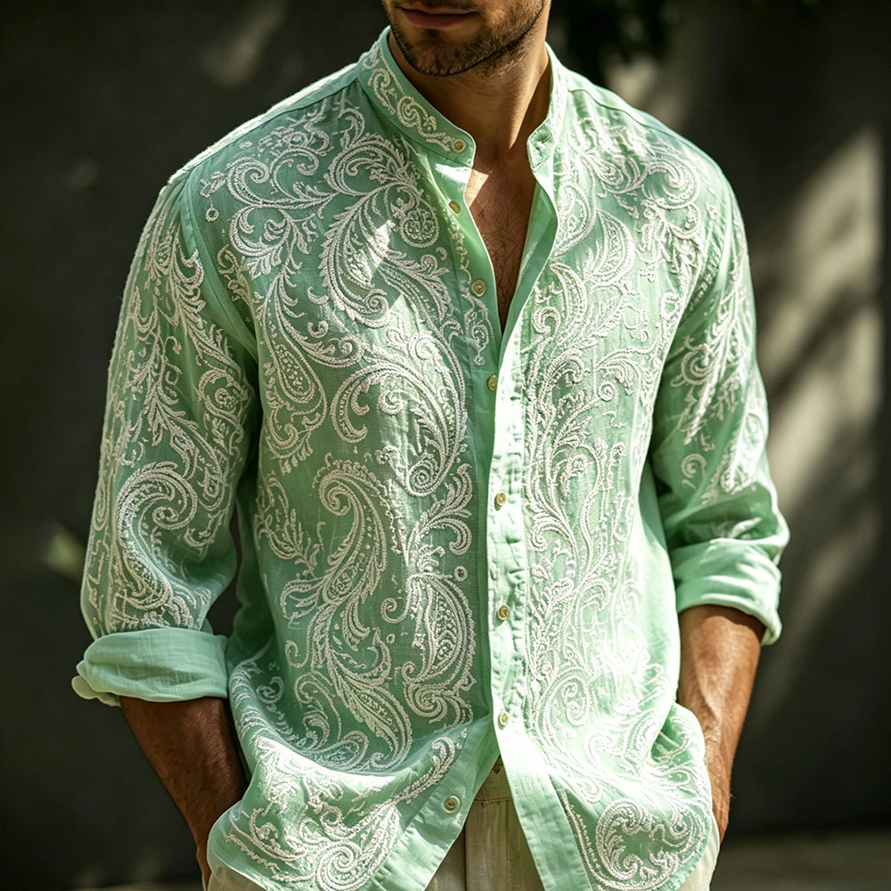 Cardydony Vintage Paisley Art Embroidered Mint Linen Blend Long Sleeve Shirt